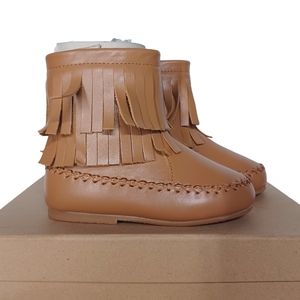 NEW SADO Cognac Brown Genuine Leather Moccasin Fringe Girl's Boots 8